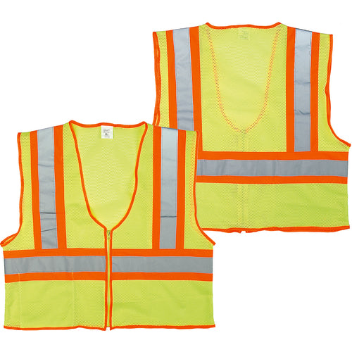 Class 2 Mesh Vest; Contrasting Color Strip, Zipper Closure, Inside Pocket - XL - Industrial Tool & Supply