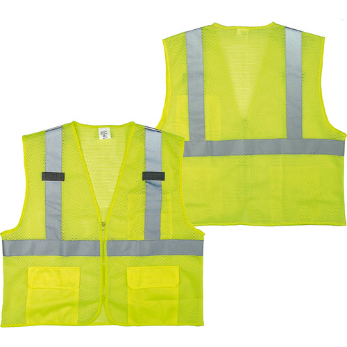 Class 2 Mesh Vest; Contrasting Color Strip, Zipper Closure, Outside Pocket - L - Industrial Tool & Supply