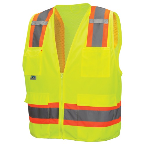 Class 2 Surveyors' Vest; Contrasting Color Strip, Zipper Closure, 8 Pockets - M - Industrial Tool & Supply