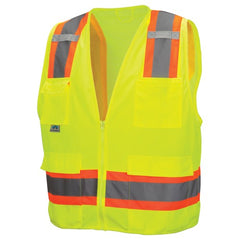 Class 2 Surveyors' Vest; Contrasting Color Strip, Zipper Closure, 8 Pockets - L - Industrial Tool & Supply