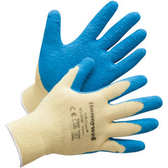 Small Gloves-Tuff Coat Cut Resistant - 10 Cut Medium Weight Yellow Kevlar With Blue Natural Rubber Palm And Fingertip Coating - Industrial Tool & Supply