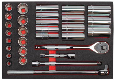 Proto® Foamed 1/2" Drive 30 Piece Socket Set w/ Precision 90 Pear Head Ratchet - Full Polish - 12 Point - Industrial Tool & Supply