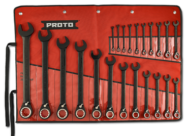 Proto® 22 Piece Black Chrome Reversible Combination Ratcheting Wrench Set - Spline - Industrial Tool & Supply