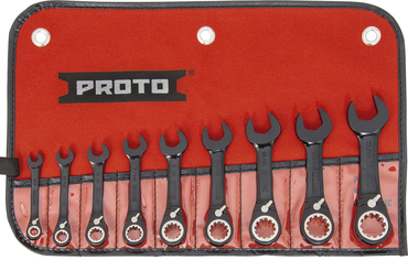 Proto® 9 Piece Black Chrome Combination Stubby Reversible Ratcheting Wrench Set - Spline - Industrial Tool & Supply