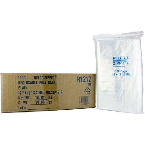 12″ × 12″ 2-MIL Clear Reloc Zippit Zipper Bags, Sold per Case of 1000 (10 boxes of 100 per case)