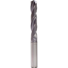 19 mm Dia. × 20 mm Shank × 101 mm Flute Length × 153 mm OAL, 5xD, 140°, TiAlN, 2 Flute, Internal, Round Solid Carbide Drill