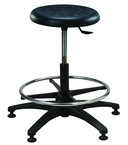 Round Black Polyurethane Stool - Standard Glides, 14" Seat Dia, 18" Adj Footring, Pneumatic Hgt Adj. Black, Plastic ABS Five Star Base, Bench Hgt 22.5" - 32.5" - Industrial Tool & Supply