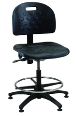 Black Polyurethane Task Stool - Adj. Contoured Backrest, Waterfall Seat, Seat and Back Tilt,  Glides Standard, Pneu Hgt. Adj., 20" Adj. Footring, Black Plastic ABS Base, Bench Hgt 23.5"-33.5" - Industrial Tool & Supply