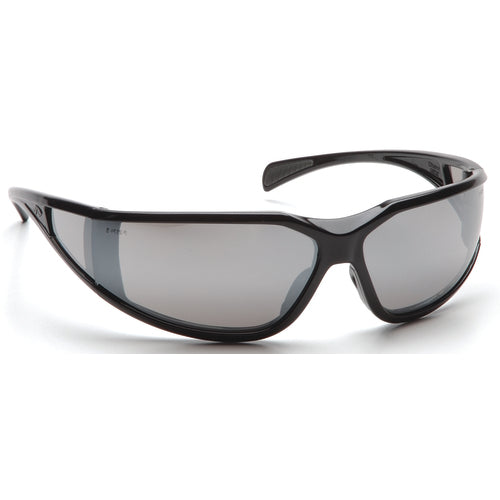 Safety Glasses - Curved Lens, Black Frame, Silver Mirror - Industrial Tool & Supply
