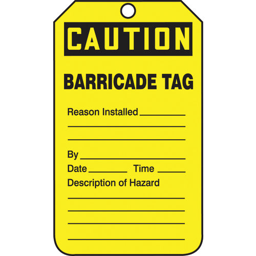 Barricade Tag, Caution Barricade Tag, 25/Pk, Cardstock - Industrial Tool & Supply