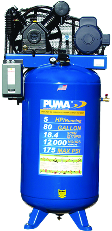 80 Gallon Vertical Tank Two Stage; Belt Drive; 5HP 230V 1PH; 18.4CFM@175PSI; 530lbs. - Industrial Tool & Supply