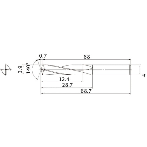 MAE0390MB HTI10 3.9 mm Dia. × 4 mm Shank × 28.7 mm Flute Length × 68.7 mm OAL, 140°, 2 Flute, External Coolant, Solid Carbide Drill