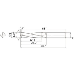 MAE0390MB HTI10 3.9 mm Dia. × 4 mm Shank × 28.7 mm Flute Length × 68.7 mm OAL, 140°, 2 Flute, External Coolant, Solid Carbide Drill