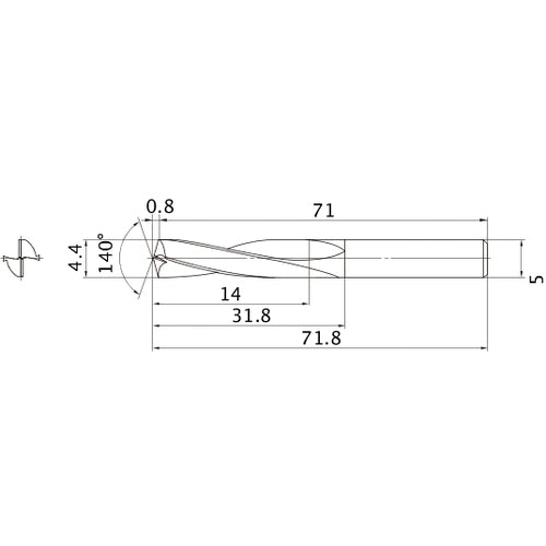 MAE0440MB HTI10 4.4 mm Dia. × 5 mm Shank × 31.8 mm Flute Length × 71.8 mm OAL, 140°, 2 Flute, External Coolant, Solid Carbide Drill