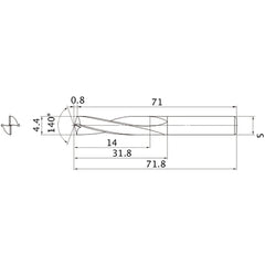 MAE0440MB HTI10 4.4 mm Dia. × 5 mm Shank × 31.8 mm Flute Length × 71.8 mm OAL, 140°, 2 Flute, External Coolant, Solid Carbide Drill
