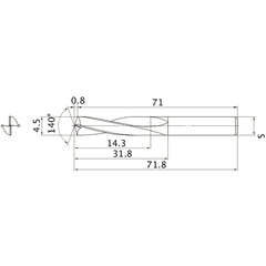 MAE0450MB HTI10 4.5 mm Dia. × 5 mm Shank × 31.8 mm Flute Length × 71.8 mm OAL, 140°, 2 Flute, External Coolant, Solid Carbide Drill