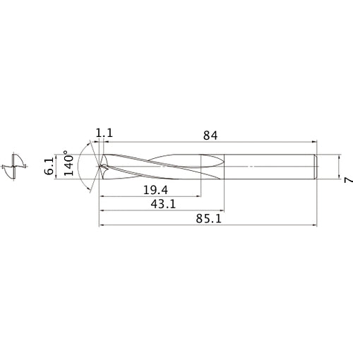 MAE0610MB HTI10 6.1 mm Dia. × 7 mm Shank × 43.1 mm Flute Length × 85.1 mm OAL, 140°, 2 Flute, External Coolant, Solid Carbide Drill