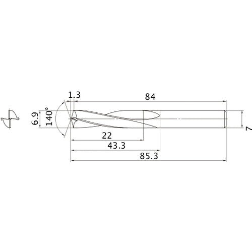 MAE0690MB HTI10 6.9 mm Dia. × 7 mm Shank × 43.3 mm Flute Length × 85.3 mm OAL, 140°, 2 Flute, External Coolant, Solid Carbide Drill