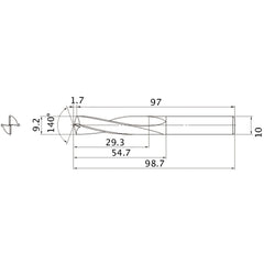 MAE0920MB HTI10 9.2 mm Dia. × 10 mm Shank × 54.7 mm Flute Length × 98.7 mm OAL, 140°, 2 Flute, External Coolant, Solid Carbide Drill