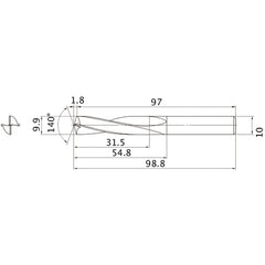 MAE0990MB HTI10 9.9 mm Dia. × 10 mm Shank × 54.8 mm Flute Length × 98.8 mm OAL, 140°, 2 Flute, External Coolant, Solid Carbide Drill