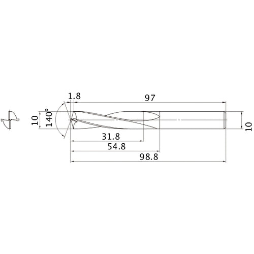 MAE1000MB HTI10 10 mm Dia. × 10 mm Shank × 54.8 mm Flute Length × 98.8 mm OAL, 140°, 2 Flute, External Coolant, Solid Carbide Drill