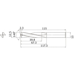MAE1250MB HTI10 12.5 mm Dia. × 13 mm Shank × 67.3 mm Flute Length × 117.3 mm OAL, 140°, 2 Flute, External Coolant, Solid Carbide Drill