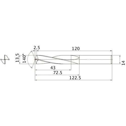 MAE1350MB HTI10 13.5 mm Dia. × 14 mm Shank × 72.5 mm Flute Length × 122.5 mm OAL, 140°, 2 Flute, External Coolant, Solid Carbide Drill