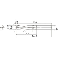 MAE1350MB HTI10 13.5 mm Dia. × 14 mm Shank × 72.5 mm Flute Length × 122.5 mm OAL, 140°, 2 Flute, External Coolant, Solid Carbide Drill