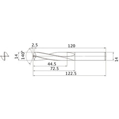 MAE1400MB HTI10 14 mm Dia. × 14 mm Shank × 72.5 mm Flute Length × 122.5 mm OAL, 140°, 2 Flute, External Coolant, Solid Carbide Drill