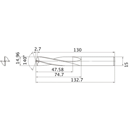 MAE1496MB HTI10 14.96 mm Dia. × 15 mm Shank × 74.7 mm Flute Length × 132.7 mm OAL, 140°, 2 Flute, External Coolant, Solid Carbide Drill