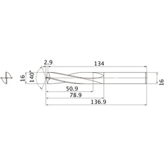 MAE1600MB HTI10 16 mm Dia. × 16 mm Shank × 78.9 mm Flute Length × 136.9 mm OAL, 140°, 2 Flute, External Coolant, Solid Carbide Drill