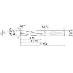 MAS01495MB HTi10 0.1495″ Dia. × 0.1575″ Shank × 1.129″ Flute Length × 2.704″ OAL, 140°, 2 Flute, Coolant Thru, Solid Carbide Drill
