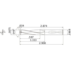 MAS01875MB HTi10 3/16″ Dia. × 0.1969″ Shank × 1.333″ Flute Length × 2.908″ OAL, 140°, 2 Flute, Coolant Thru, Solid Carbide Drill