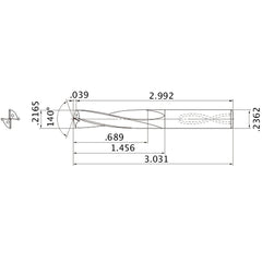 MAS02165MB HTi10 0.2165″ Dia. × 0.2362″ Shank × 1.456″ Flute Length × 3.031″ OAL, 140°, 2 Flute, Coolant Thru, Solid Carbide Drill