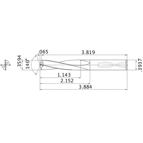 MAS03594MB HTi10 0.3594″ Dia. × 0.3937″ Shank × 2.152″ Flute Length × 3.884″ OAL, 140°, 2 Flute, Coolant Thru, Solid Carbide Drill