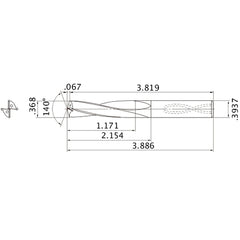 MAS03680MB HTi10 0.368″ Dia. × 0.3937″ Shank × 2.154″ Flute Length × 3.886″ OAL, 140°, 2 Flute, Coolant Thru, Solid Carbide Drill