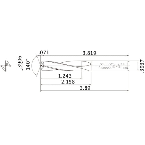 MAS03906MB HTi10 0.3906″ Dia. × 0.3937″ Shank × 2.158″ Flute Length × 3.89″ OAL, 140°, 2 Flute, Coolant Thru, Solid Carbide Drill