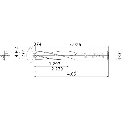 MAS04062MB HTi10 0.4062″ Dia. × 0.4331″ Shank × 2.239″ Flute Length × 4.05″ OAL, 140°, 2 Flute, Coolant Thru, Solid Carbide Drill