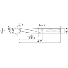 MAS04062MB HTi10 0.4062″ Dia. × 0.4331″ Shank × 2.239″ Flute Length × 4.05″ OAL, 140°, 2 Flute, Coolant Thru, Solid Carbide Drill