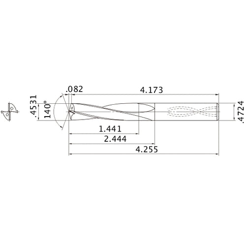 MAS04531MB HTi10 0.4531″ Dia. × 0.4724″ Shank × 2.444″ Flute Length × 4.255″ OAL, 140°, 2 Flute, Coolant Thru, Solid Carbide Drill