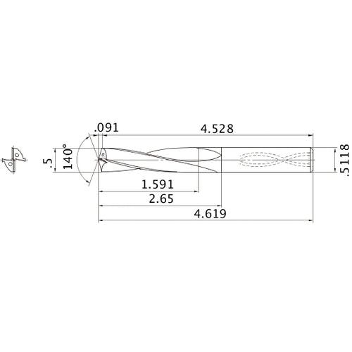 MAS05000MB HTi10 1/2″ Dia. × 0.5118″ Shank × 2.65″ Flute Length × 4.619″ OAL, 140°, 2 Flute, Coolant Thru, Solid Carbide Drill