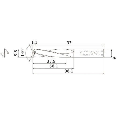 MAS0580LB HTI10 5.8 mm Dia. × 6 mm Shank × 58.1 mm Flute Length × 98.1 mm OAL, 140°, 2 Flute, Coolant Thru, Solid Carbide Drill