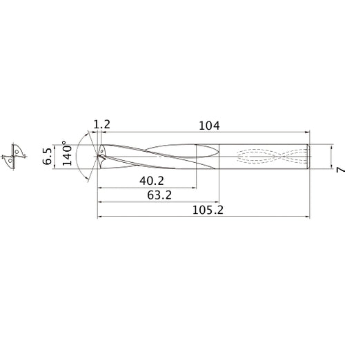 MAS0650LB HTI10 6.5 mm Dia. × 7 mm Shank × 63.2 mm Flute Length × 105.2 mm OAL, 140°, 2 Flute, Coolant Thru, Solid Carbide Drill