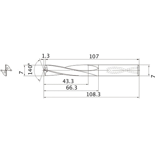 MAS0700LB HTI10 7 mm Dia. × 7 mm Shank × 66.3 mm Flute Length × 108.3 mm OAL, 140°, 2 Flute, Coolant Thru, Solid Carbide Drill