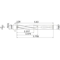 MAS07031MB HTi10 0.7031″ Dia. × 0.7087″ Shank × 3.474″ Flute Length × 5.758″ OAL, 140°, 2 Flute, Coolant Thru, Solid Carbide Drill