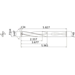 MAS07344MB HTi10 0.7344″ Dia. × 0.748″ Shank × 3.677″ Flute Length × 5.961″ OAL, 140°, 2 Flute, Coolant Thru, Solid Carbide Drill