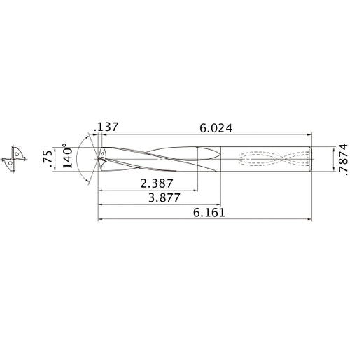 MAS07500MB HTi10 3/4″ Dia. × 0.7874″ Shank × 3.877″ Flute Length × 6.161″ OAL, 140°, 2 Flute, Coolant Thru, Solid Carbide Drill