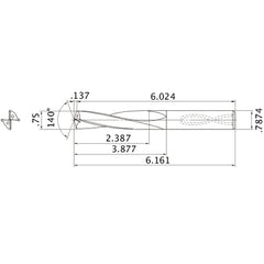 MAS07500MB HTi10 3/4″ Dia. × 0.7874″ Shank × 3.877″ Flute Length × 6.161″ OAL, 140°, 2 Flute, Coolant Thru, Solid Carbide Drill