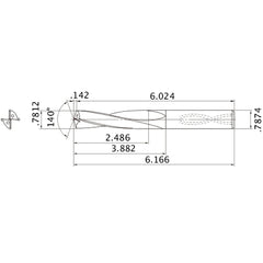 MAS07812MB HTi10 0.7812″ Dia. × 0.7874″ Shank × 3.882″ Flute Length × 6.166″ OAL, 140°, 2 Flute, Coolant Thru, Solid Carbide Drill