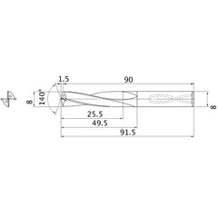 MAS0800MB HTi10 8 mm Dia. × 8 mm Shank × 49.5 mm Flute Length × 91.5 mm OAL, 140°, 2 Flute, Coolant Thru, Solid Carbide Drill